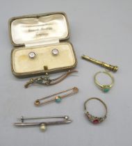 9ct yellow gold bar brooch set with turquoise, another 9ct gold bar brooch set with pale blue stone,
