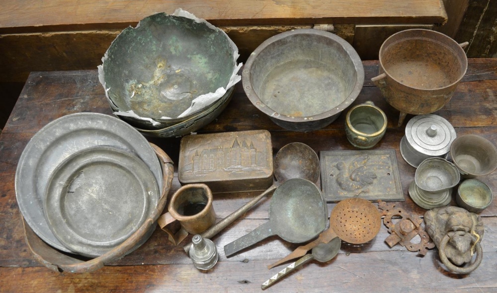 Collection of antique metalware to include pewter plates, corroded copper bowls etc. (Victor Brox