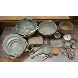 Collection of antique metalware to include pewter plates, corroded copper bowls etc. (Victor Brox