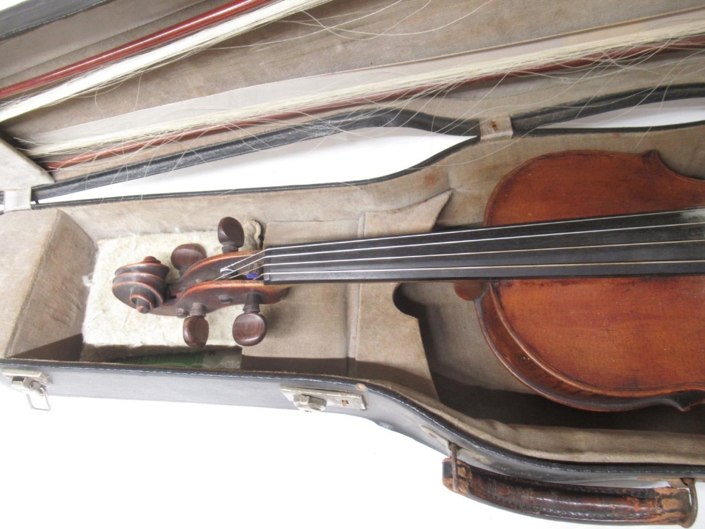 Three unnamed violins, 2 with 2 bows in travel cases and another lacking bow in travel box (Victor - Image 4 of 12