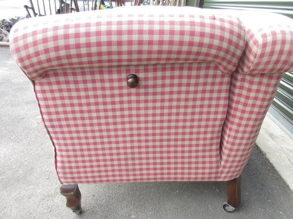 Edwardian drop-end sofa, on angular cabriole legs, reupholstered in red check, W170cm D80cm H74cm - Image 2 of 2