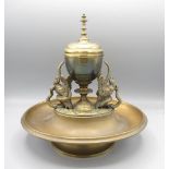 Brass inkwell in the form of an urn flanked by snakes and birds, L25cm