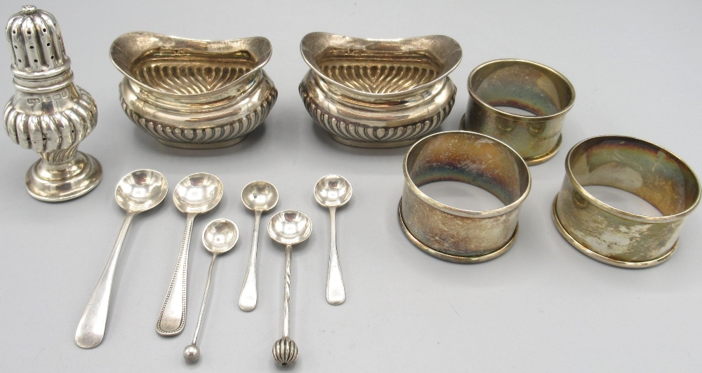 Pair of Edwardian silver, part lobed salts by John Rose, Birmingham, 1907, silver hallmarked