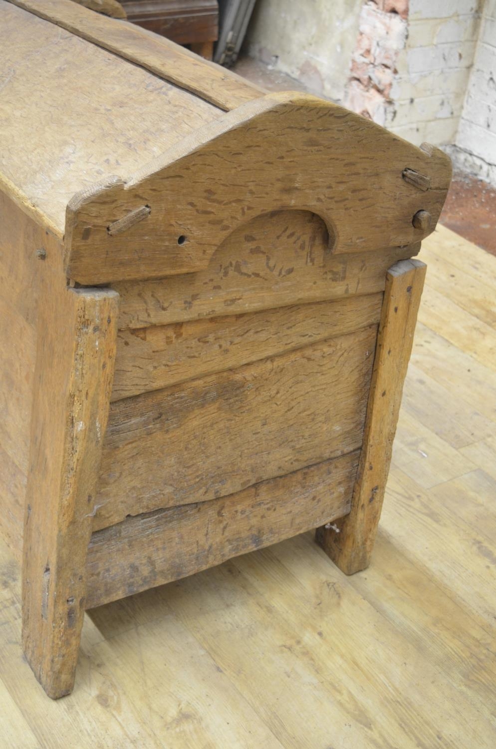 Early oak Ark clamp front coffer, hinged angular arched top lid with scratch carved stylized tree - Image 2 of 5