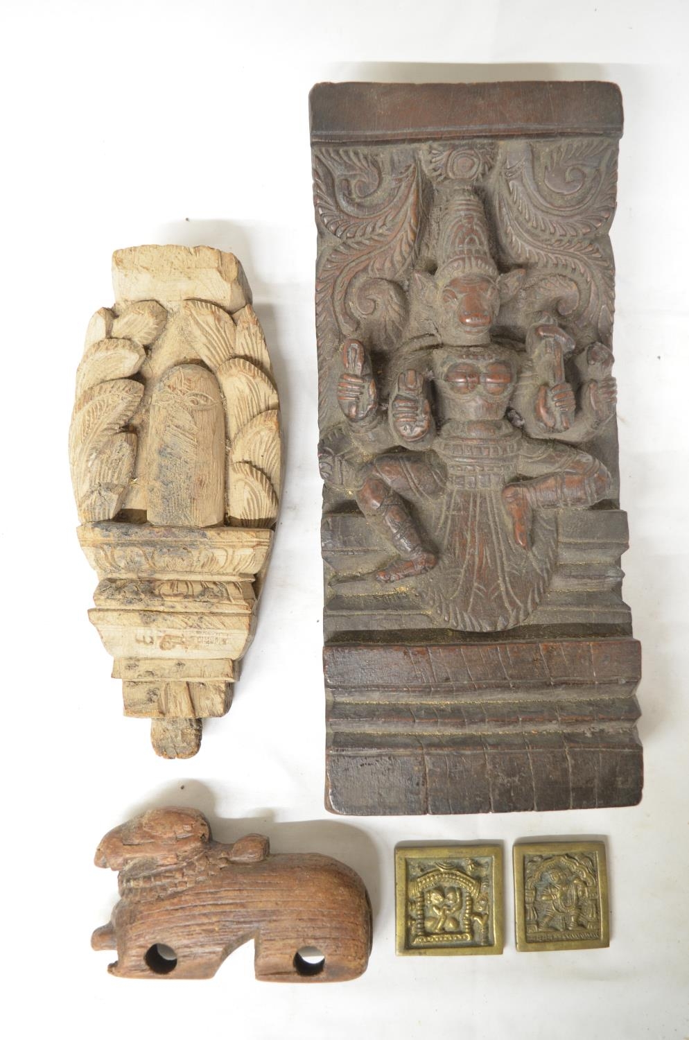 Collection of antique Indian pieces to include wood carved statue of Vishnu, a teak Nandi Bull