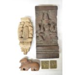 Collection of antique Indian pieces to include wood carved statue of Vishnu, a teak Nandi Bull