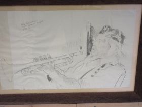 English School (Contemporary); 'Victor Brox with his Lucozade Trumpet' monochrome sketch,