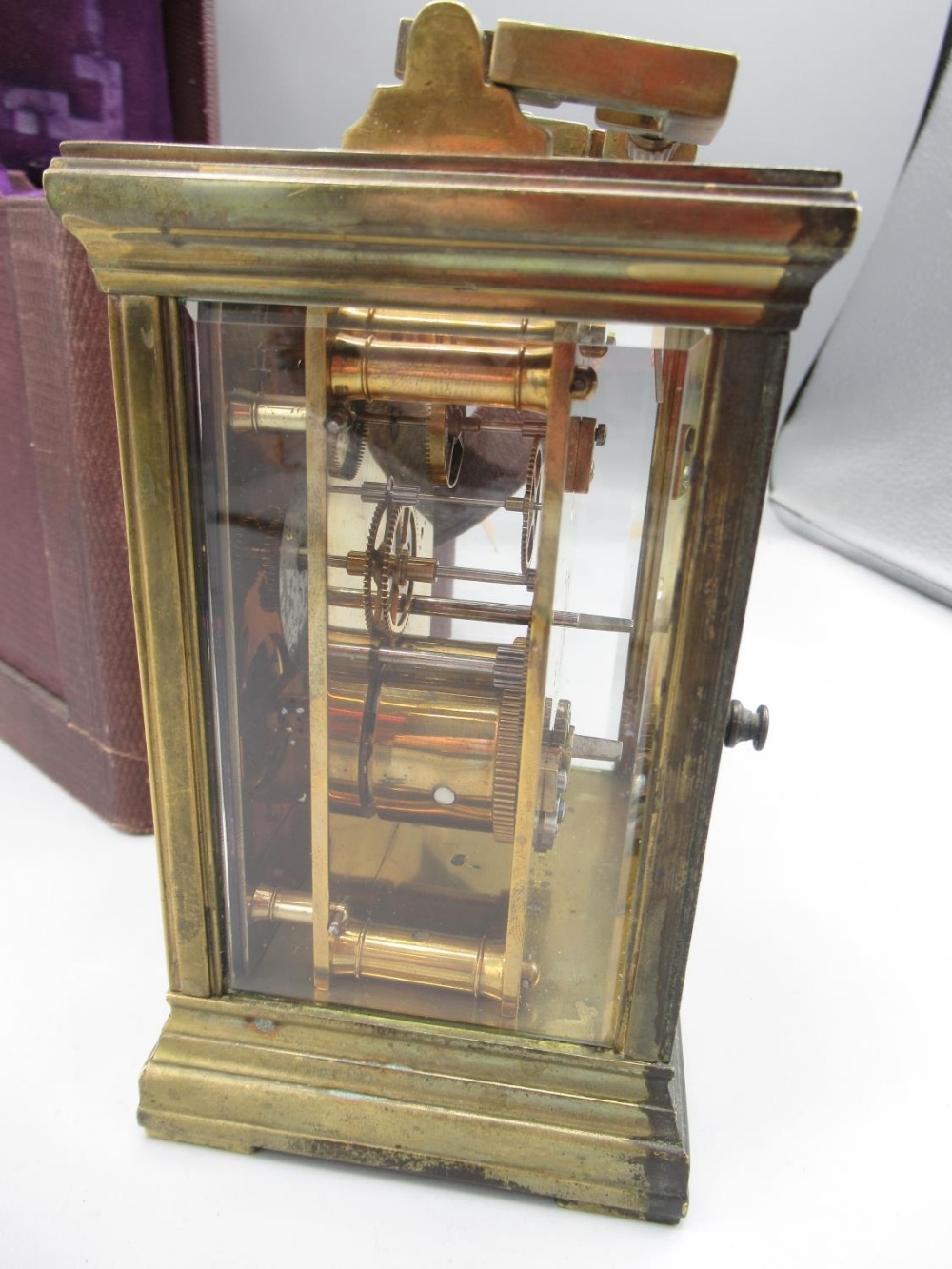 Early C20th 8 day French brass carriage clock timepiece, moulded case, beveled glass panels no.7263, - Image 4 of 4