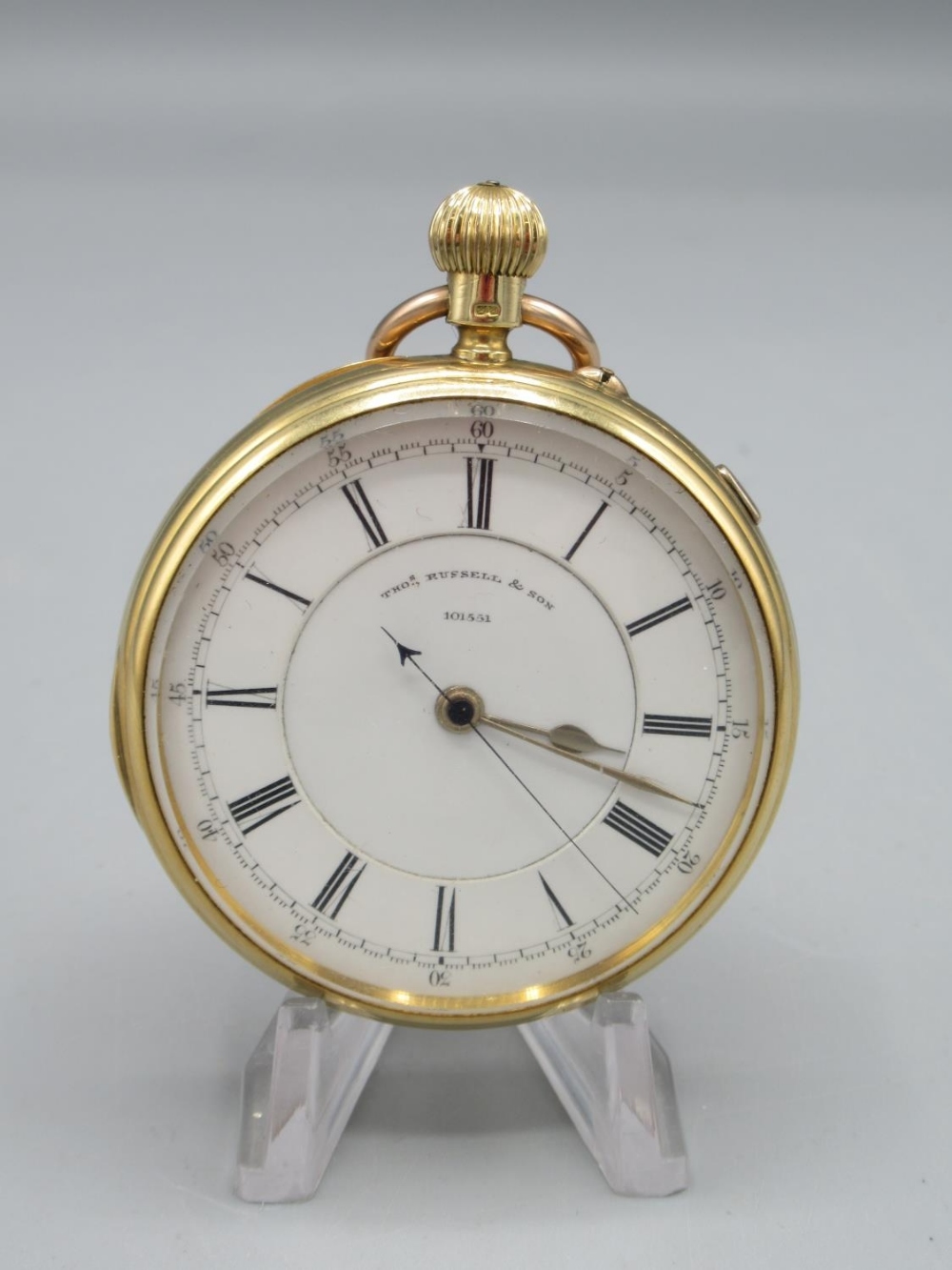 Thomas Russell & Son, Liverpool, late Victorian 18ct gold keyless pin set 1/5 second chronograph - Image 2 of 5