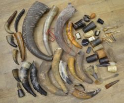 Collection of cow and buffalo horn including carved examples, horn cups, snuff boxes, spoons,