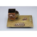 Japanese Meiji period match holder and strike, relief moulded with rats and a frog, L16cm