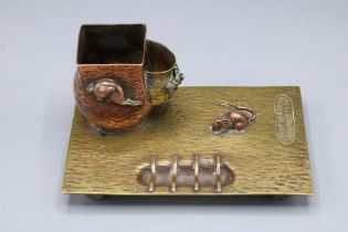 Japanese Meiji period match holder and strike, relief moulded with rats and a frog, L16cm