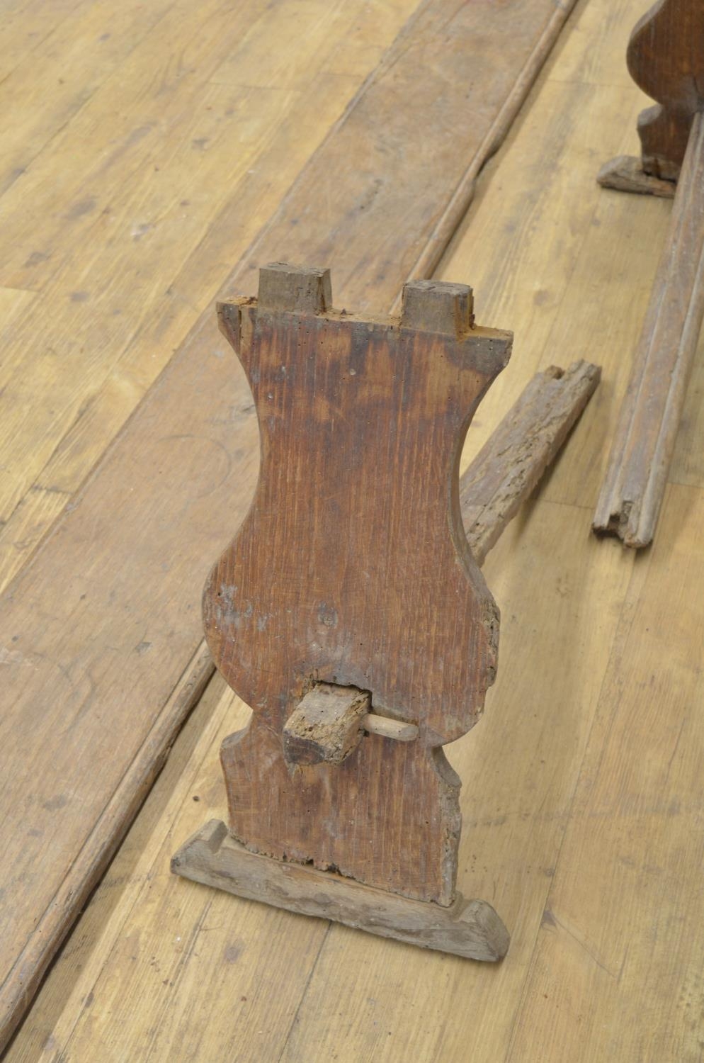 C17/18th Country made long bench, moulded seat on solid supports with stretcher, W244cm D26cm - Image 2 of 3