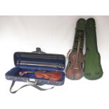 Assorted collection of Violins, cases and bows in various needs of repair and attention. (Victor