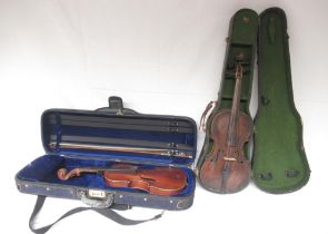 Assorted collection of Violins, cases and bows in various needs of repair and attention. (Victor