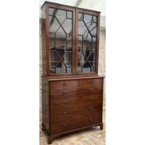 19th century mahogany secretaire bookcase, with moulded cornice and two astragal glazed doors above