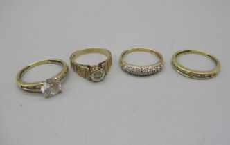 9ct yellow gold diamond ring in an illusion setting, size R1/2, 2.9g, and three 14ct yellow gold