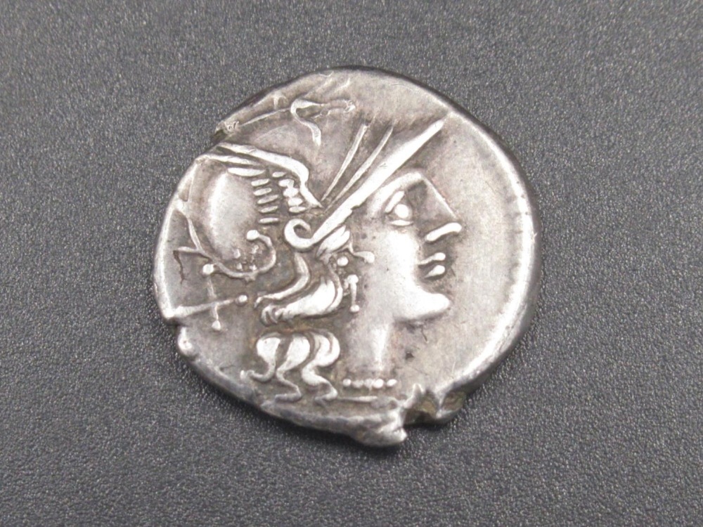 Denarius, obv. head of Roma right, wearing winged helmet, rev. Dioscuri galloping right with 'C.S - Image 2 of 2