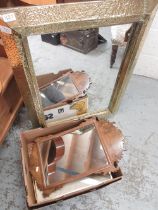 C20th hammered brass framed rectangular wall mirror, H84cm W66cm, figured walnut framed wall mirror,