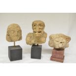 Three carved stone heads, possibly church carvings or similar, all mounted on plinths, max. H23.