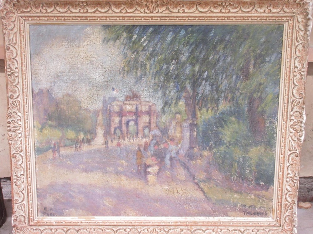 French School (C20th); 'Tuileries' view of The Arc de Triomphe, oil on canvas, indistinctly signed