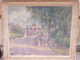 French School (C20th); 'Tuileries' view of The Arc de Triomphe, oil on canvas, indistinctly signed