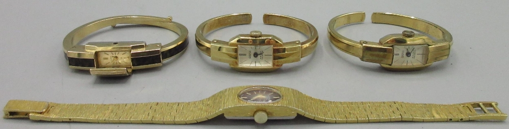 Ladies Rotary gold plated wristwatch on integrated bark effect bracelet, signed red fume dial with - Image 2 of 2