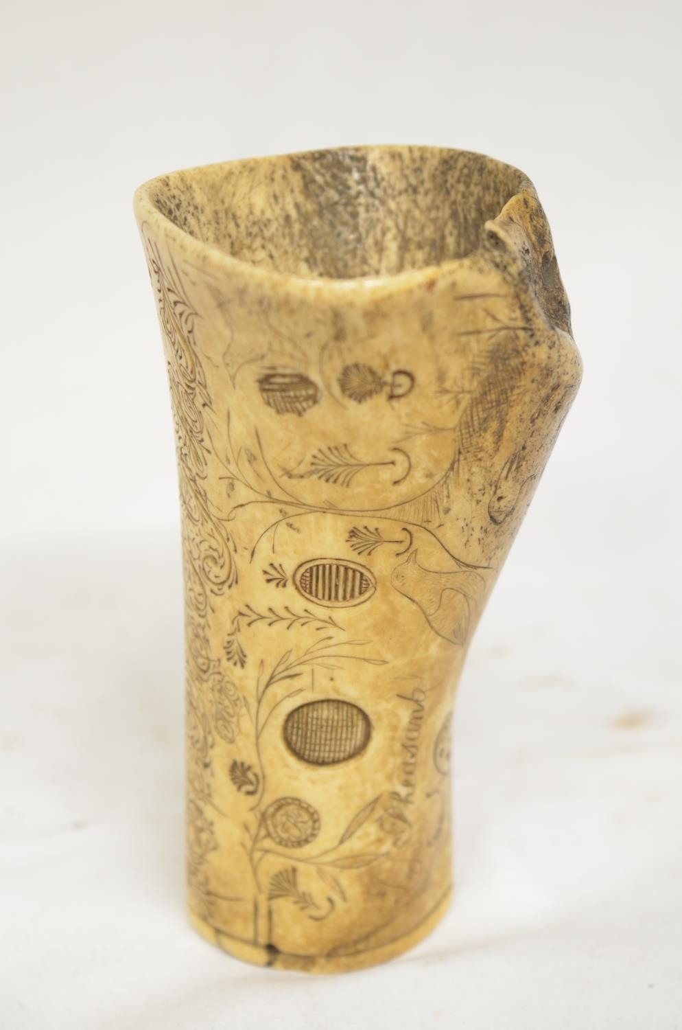 Bone quill holder with scrimshaw design including alphabet, numbers, animals and various symbols and - Image 2 of 6