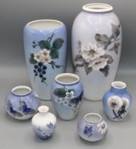 Collection of Royal Copenhagen vases, various patterns incl. butterflies and flowers, max. H28cm (7)