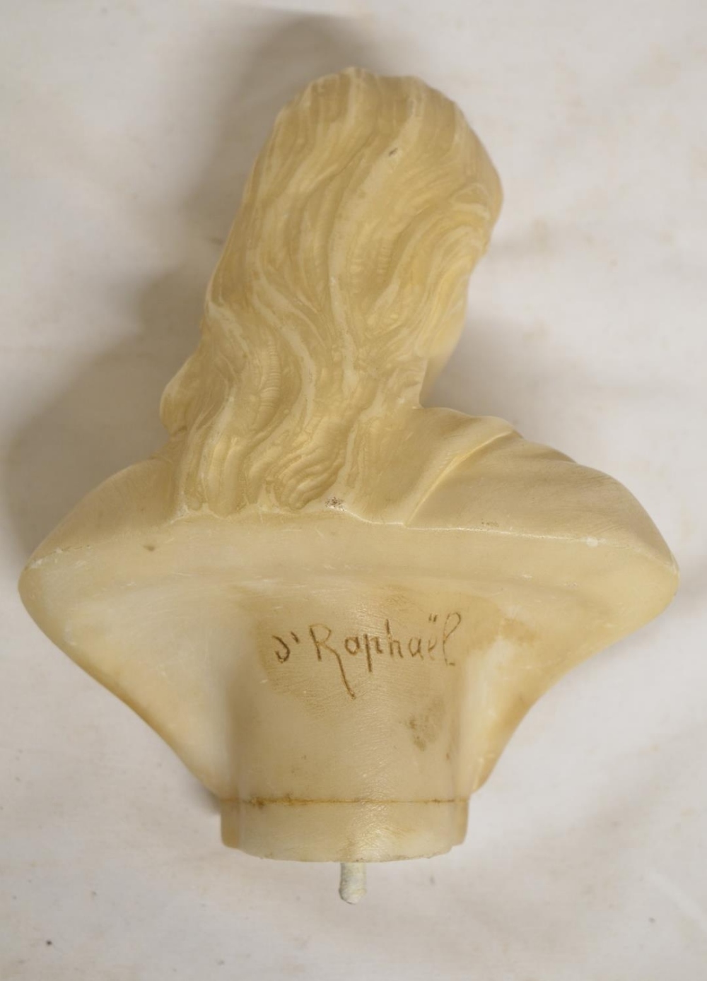 Carved alabaster female bust, marked J Raphael to rear, with base mounting peg. H18cm (Victor Brox - Image 3 of 3