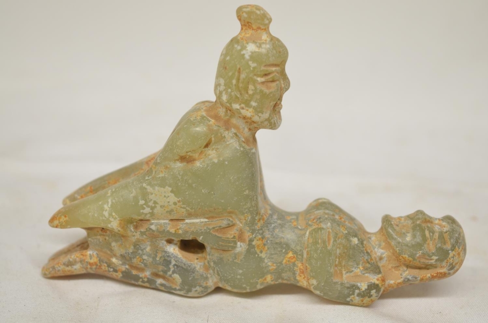 Erotic green jade carving of a couple in coitus. W13cm (Victor Brox collection)