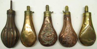 Sykes Patent 19th century copper and brass embossed powder flask, 19cm; another Patent embossed