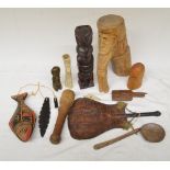 Collection of ethnic art and decorative items including a North American Haida tribal fish rattle, a