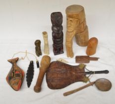 Collection of ethnic art and decorative items including a North American Haida tribal fish rattle, a