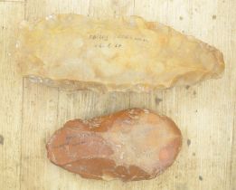 Two large flint hand tools with hand written find details, largest L27cm (Victor Brox collection)