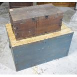 C20th large painted pine metal bound storage box, W94cm D62cm H51cm and smaller pine carpenter's