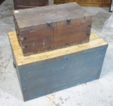 C20th large painted pine metal bound storage box, W94cm D62cm H51cm and smaller pine carpenter's