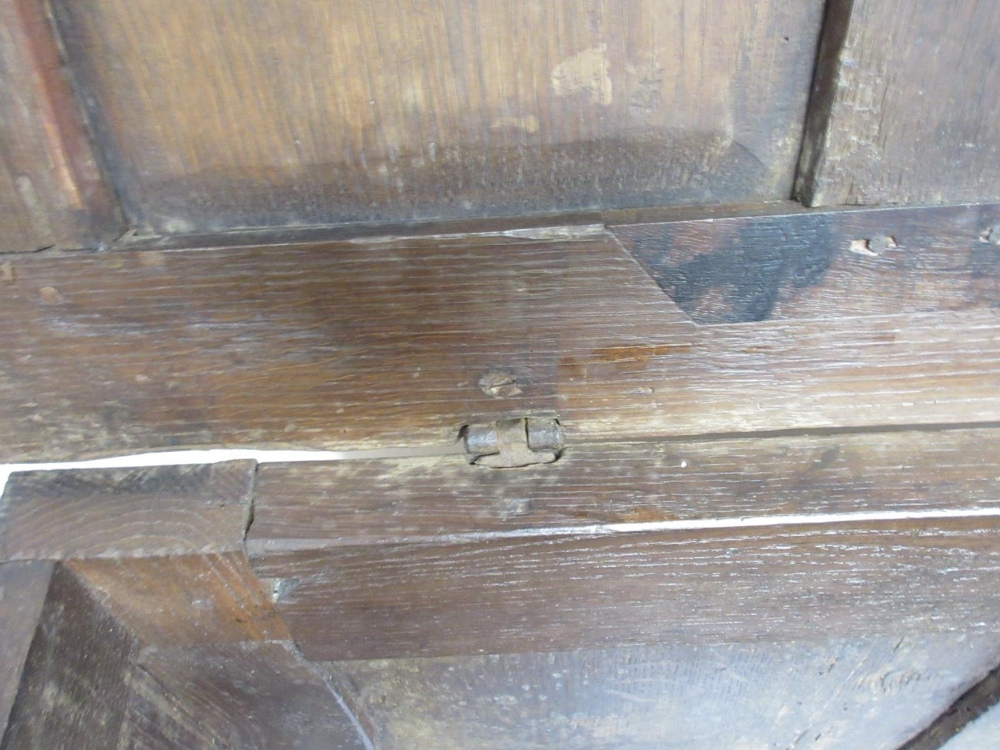 18th century oak coffer, hinged three panel lid and three linenfold panel front, W104cm D51cm - Image 5 of 5