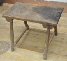 C19th Country made side table, rectangular oak top on faceted tapering outsplayed supports, W71cm