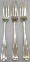 Three Edwardian silver forks with family coat of arms by Josiah Williams & Co, London, 1909, 7.4ozt