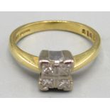 18ct gold diamond ring set with four diamonds in square setting, stamped 750, size J, 3.4g
