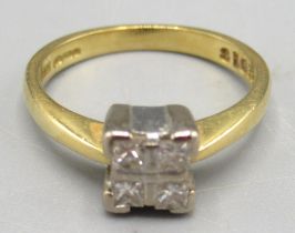 18ct gold diamond ring set with four diamonds in square setting, stamped 750, size J, 3.4g