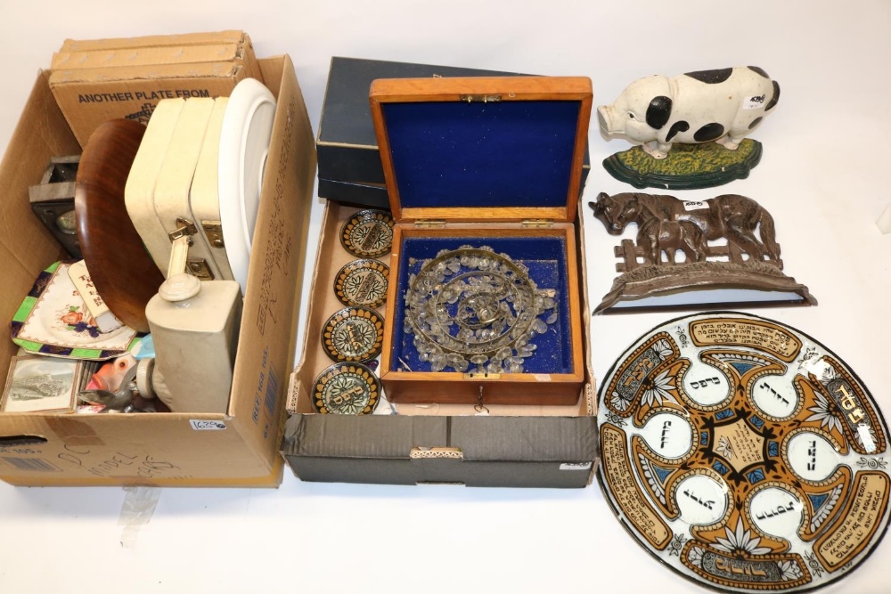 Two cast metal doorstops; stoneware hot water bottle; Radford butter dish; Royal Sefton crystal