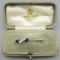 White metal brooch set with sapphires and diamonds, unmarked, 3.7g