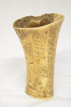 Bone quill holder with scrimshaw design including alphabet, numbers, animals and various symbols and