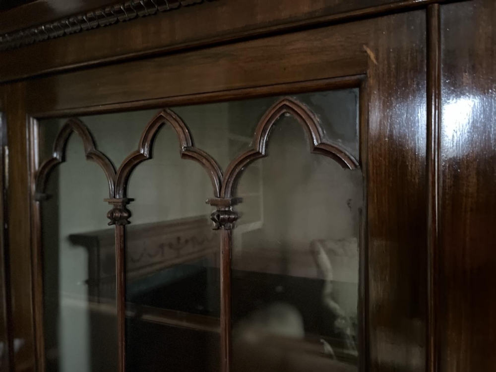 C19th mahogany side cabinet, lobed cornice above a pair of gothic moulded glazed doors, the base - Image 3 of 4