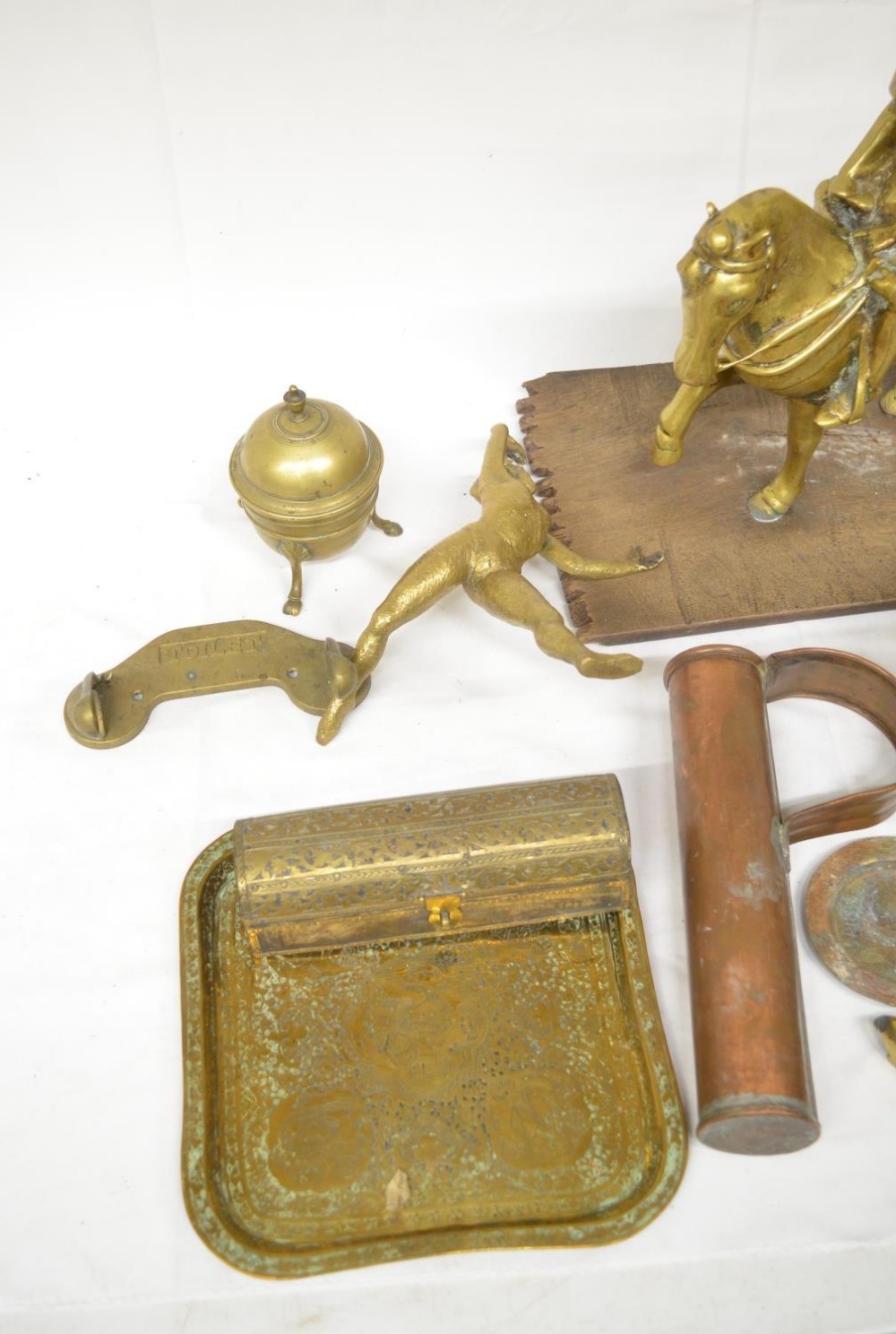 Collection of brass and copper ware to include copper measuring vessels, brass mounted knight, - Image 4 of 6