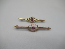 9ct yellow gold bar brooch set with amethyst and seed pearls, stamped 9ct, and another similar set