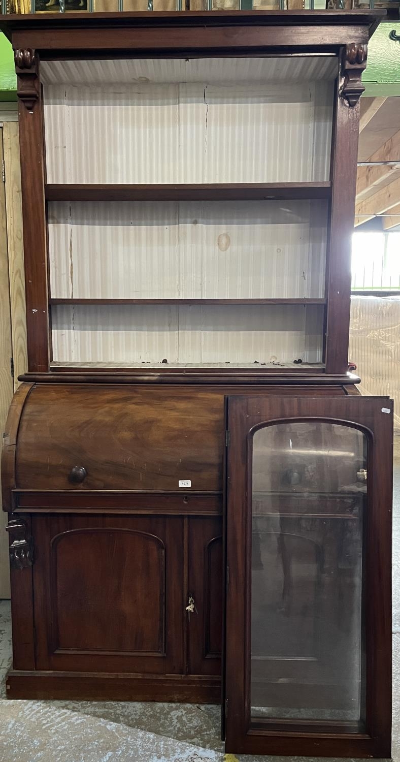 Victorian mahogany cylinder top bureau bookcase, two glazed doors above pull out writing surface and