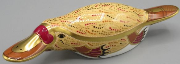 Royal Crown Derby duckbilled platypus paperweight, gold stopper, with box, L16cm